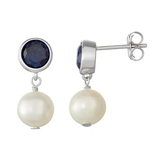 Sterling Silver Lab-Created Sapphire & Freshwater Cultured Pearl Drop Earrings