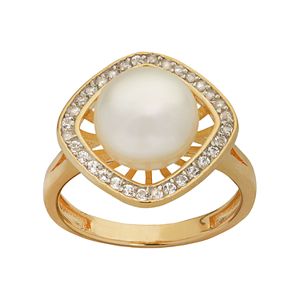 PearLustre by Imperial 14k Gold Over Silver Freshwater Cultured Pearl & White Topaz Square Halo Ring