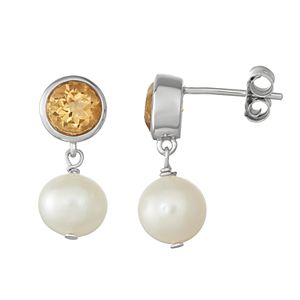 Sterling Silver Citrine & Freshwater Cultured Pearl Drop Earrings