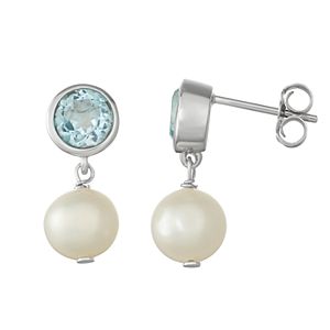 Sterling Silver Blue Topaz & Freshwater Cultured Pearl Drop Earrings