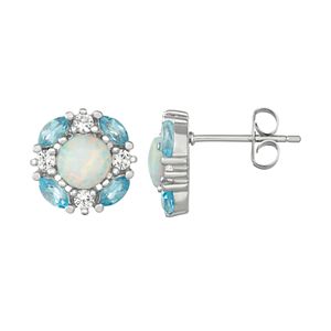 Sterling Silver Blue Topaz, Lab-Created Opal & White Sapphire Cluster Stud Earrings
