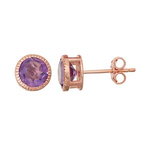 14k Rose Gold Over Silver Amethyst Milgrain Stud Earrings