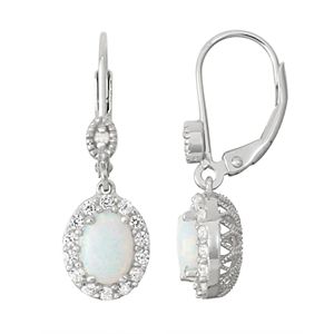 Sterling Silver Lab-Created Opal & Diamond Accent Halo Drop Earrings