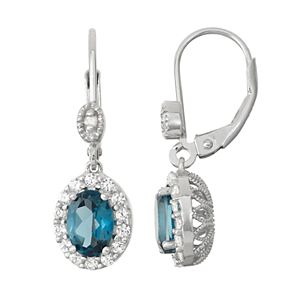 Sterling Silver London Blue Topaz & Diamond Accent Halo Drop Earrings