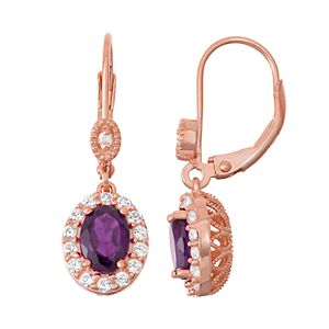 14k Rose Gold Over Silver Purple Amethyst & Diamond Accent Halo Drop Earrings