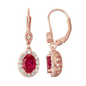 14k Rose Gold Over Silver Lab-Created Ruby & Diamond Accent Halo Drop Earrings