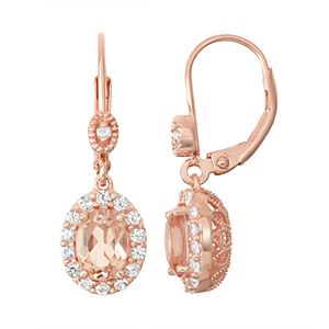 14k Rose Gold Over Silver Simulated Morganite & Diamond Accent Halo Drop Earrings