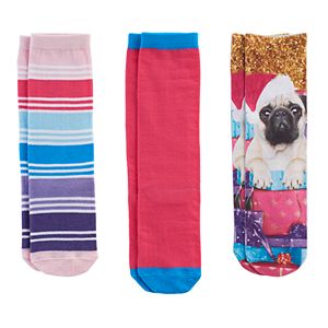 Girls 7-16 3-pk. Pugs & Presents Knee High Socks