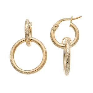 10k Gold Textured Circle Drop Hoop Earrings