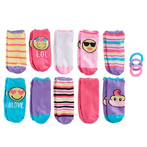 Girls 7-16 10-pk. Smiley Face No Show Socks with Ponytail Holders