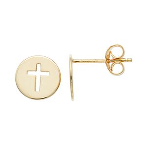 14k Gold Cross Cutout Disc Drop Earrings