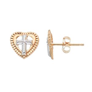 Kids' Two Tone 14k Gold Cross Heart Stud Earrings