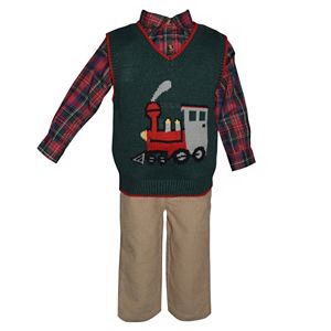 Toddler Boy Blueberi Boulevard Train Sweater Vest, Plaid Shirt & Corduroy Pants Set