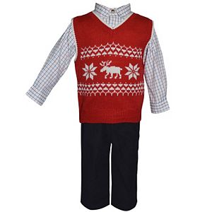 Toddler Boy Blueberi Boulevard Moose Sweater Vest, Plaid Shirt & Corduroy Pants Set
