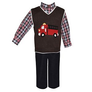Toddler Boy Blueberi Boulevard Fire Truck Sweater Vest, Plaid Shirt & Corduroy Pants Set