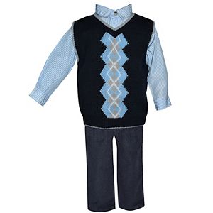 Toddler Boy Blueberi Boulevard Argyle Sweater Vest, Striped Shirt & Corduroy Pants Set