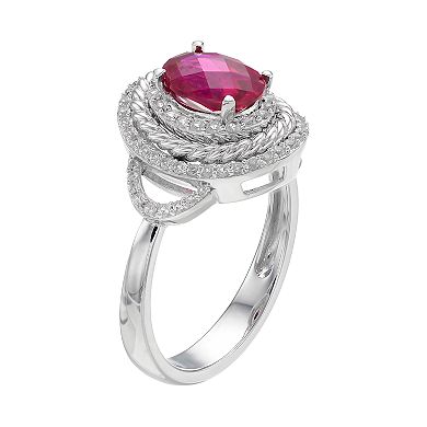 Sterling Silver Lab-Created Ruby & White Sapphire Oval Halo Ring 