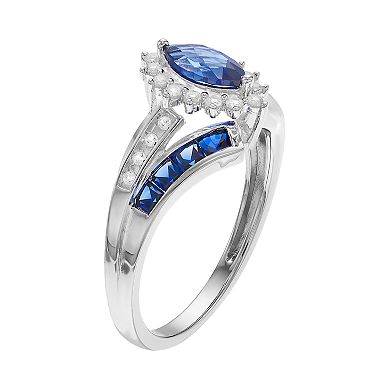 Sterling Silver Lab-Created Blue & White Sapphire Marquise Halo Ring
