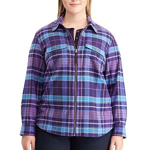 Plus Size Chaps Plaid Twill Zip-Front Shirt