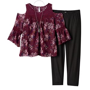 Girls Plus Size Knitworks Cold Shoulder Crochet Chiffon Top & Leggings Set with Necklace!