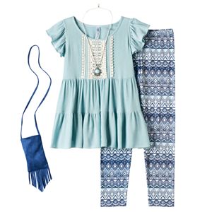Girls Plus Size Knitworks Ruffle Tunic & Patterned Leggings Set with Necklace & Crossbody Purse