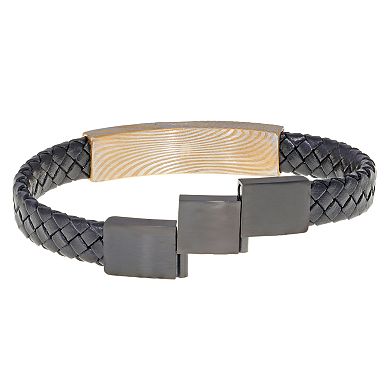 Men's LYNX Damascus Steel & Black Leather Bracelet