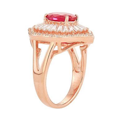 14k Rose Gold Over Silver Lab-Created Ruby & White Sapphire Baguette Halo Ring