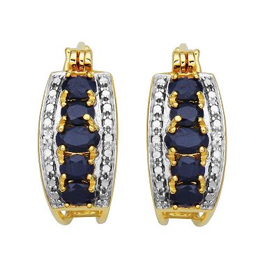 14k Gold Over Silver Black Sapphire & Diamond Accent Hoop Earrings