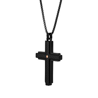 LYNX Men's Black Stainless Steel & Carbon Fiber Cross Pendant Necklace