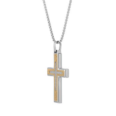LYNX Men's Two Tone Stainless Steel Cubic Zirconia Cross Pendant Necklace