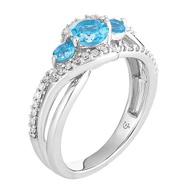 10k White Gold Swiss Blue Topaz & Diamond Accent 3-Stone Ring