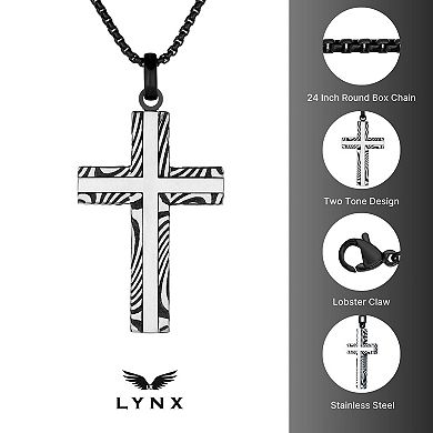 Men's LYNX Damascus Steel Striped Cross Pendant Necklace