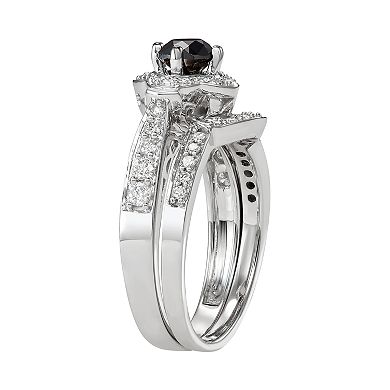 14k White Gold 1 Carat T.W. Black & White Diamond Engagement Ring Set