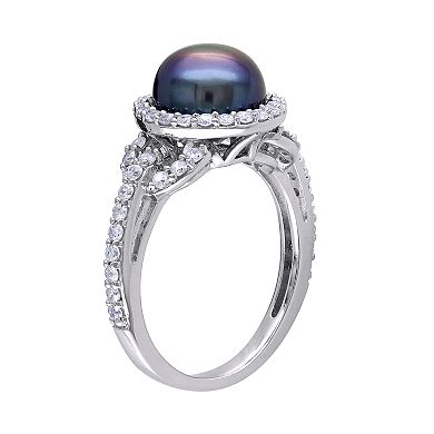 Stella Grace Sterling Silver Dyed Black Freshwater Cultured Pearl & Cubic Zirconia Ring