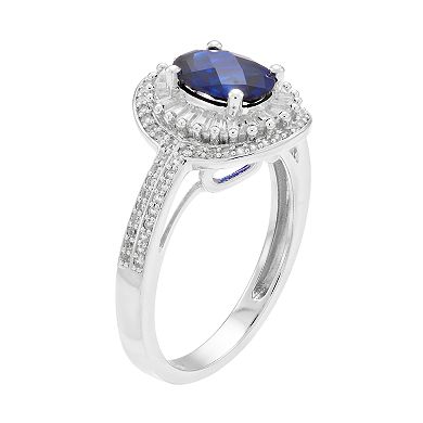 Sterling Silver Lab-Created Blue & White Sapphire Oval halo Ring