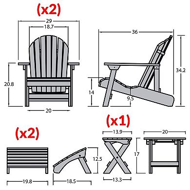 Highwood USA Set of 2 Hamilton Folding & Reclining Adirondack Chairs, 2 Folding Ottomans, 1 Folding Side Table