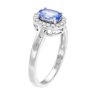 Women's 7mm X 5mm Oval Genuine Tanzanite with Topaz Halo Ring in Sterling Silver Ring