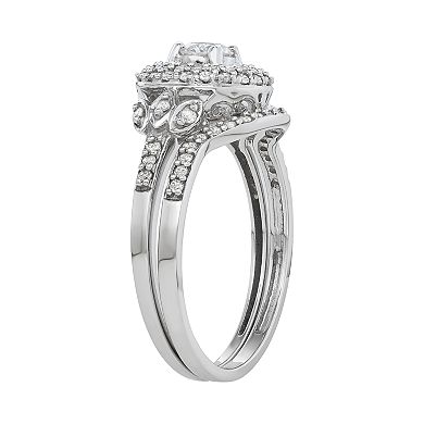 10k White Gold 5/8 Carat T.W. Diamond Halo Engagement Ring Set