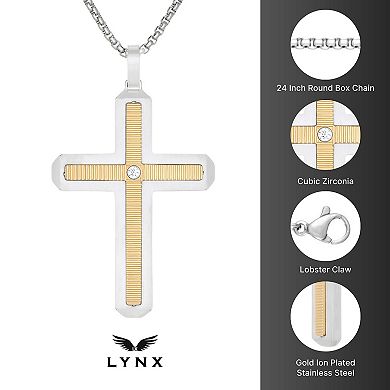 LYNX Men's Two Tone Stainless Steel Cubic Zirconia Cross Pendant
