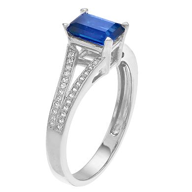 10k White Gold Sapphire & 1/8 Carat T.W. Diamond Split Shank Ring