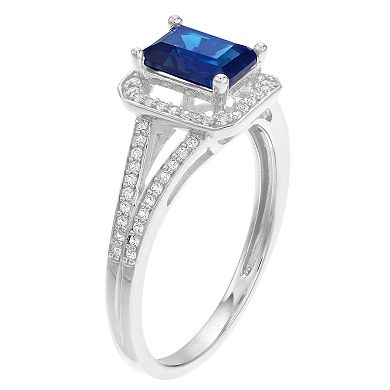 14k White Gold Sapphire & 1/6 Carat T.W. Diamond Square Halo Ring