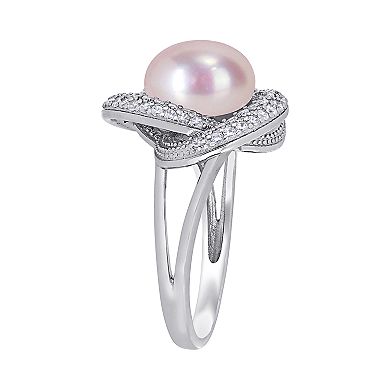 Stella Grace Sterling Silver Cubic Zirconia & Dyed Pink Freshwater Cultured Pearl Knot Ring