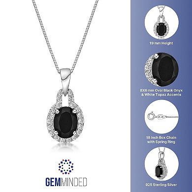 Gemminded Sterling Silver Onyx & White Topaz Oval Halo Pendant