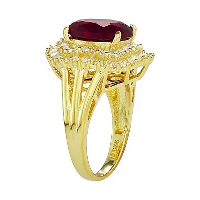 14k Gold Plated Silver Simulated Garnet Oval Halo Ring
