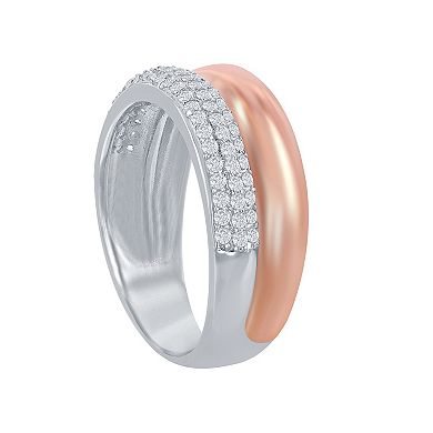 Sterling Silver Two-Tone Rose Double Band CZ Ring