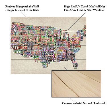 Trademark Fine Art Michael Tompsett 'US Cities Text Map VI' Wood Slat Art