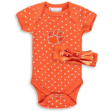 Girls Newborn & Infant Orange Clemson Tigers Hearts Bodysuit and Headband Set