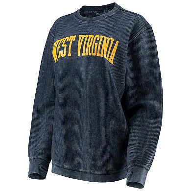 Women's Pressbox Navy West Virginia Mountaineers Comfy Cord Vintage Wash Basic Arch Pullover Sweatshirt