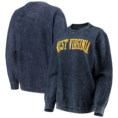 Women's Pressbox Navy West Virginia Mountaineers Comfy Cord Vintage Wash Basic Arch Pullover Sweatshirt