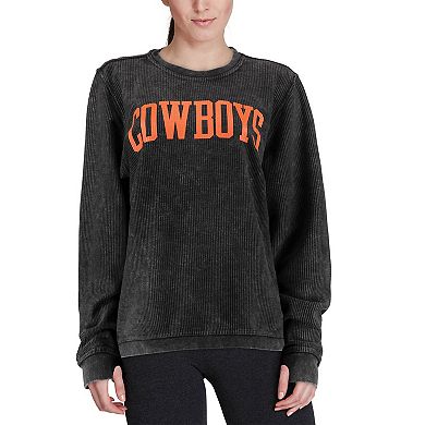 Women's Pressbox Black Oklahoma State Cowboys Comfy Cord Vintage Wash Basic Arch Pullover Sweatshirt